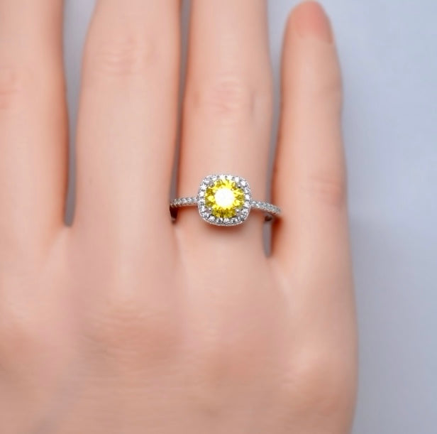 Yellow Moissanite Round Cut Square Halo Ring