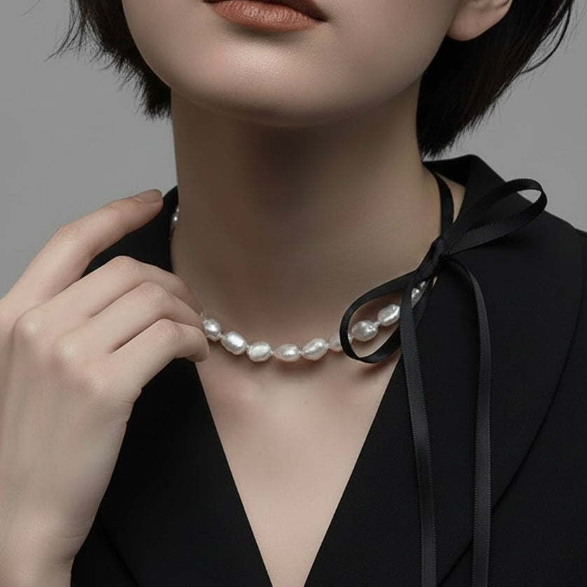 Baroque Pearl Ribbon Choker
