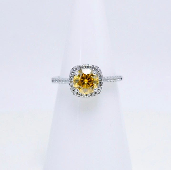 Yellow Moissanite Round Cut Square Halo Ring