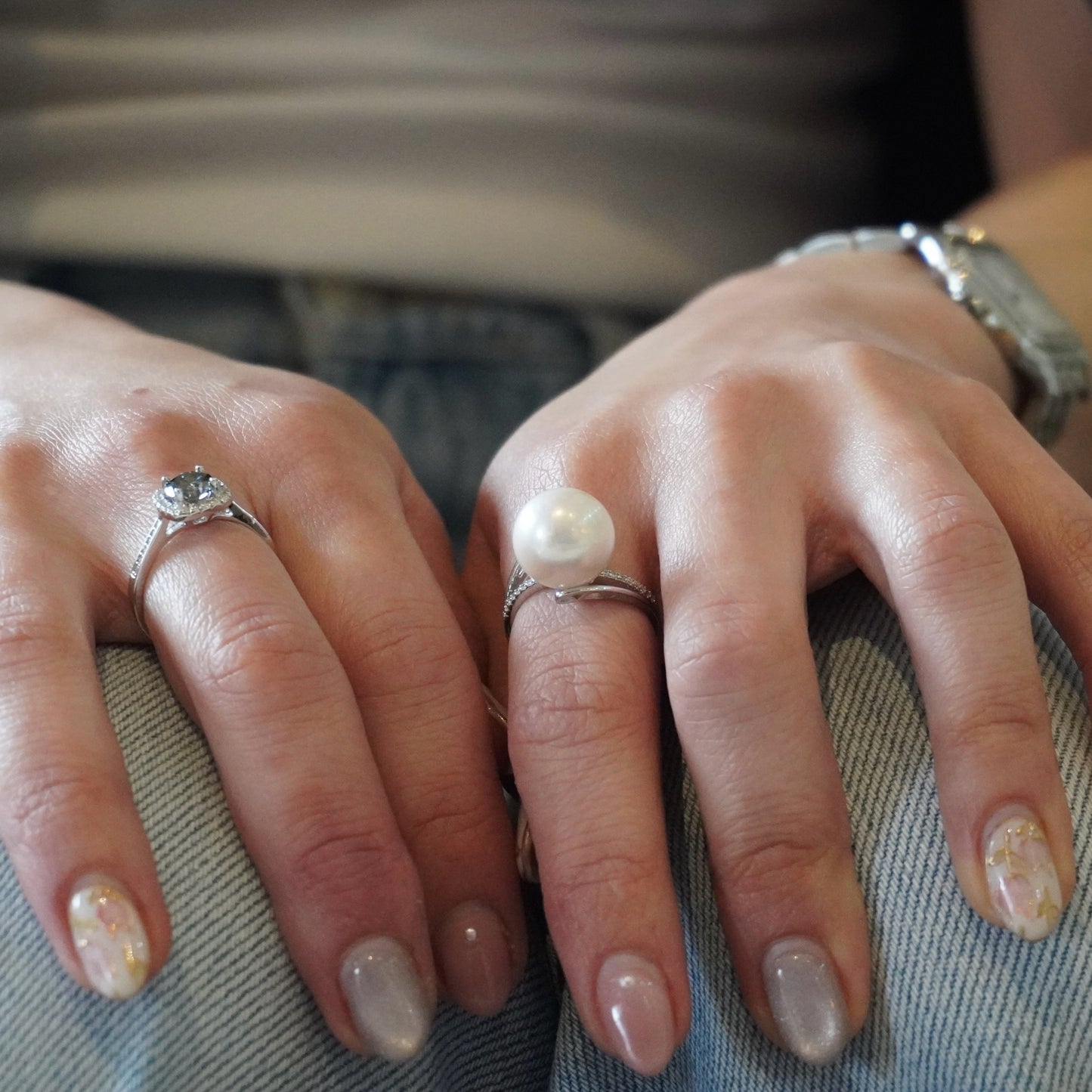 Big Pearl Half Eternity Design Ring