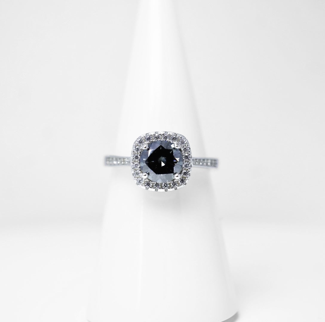 Gray Moissanite Round Cut Square Halo Ring