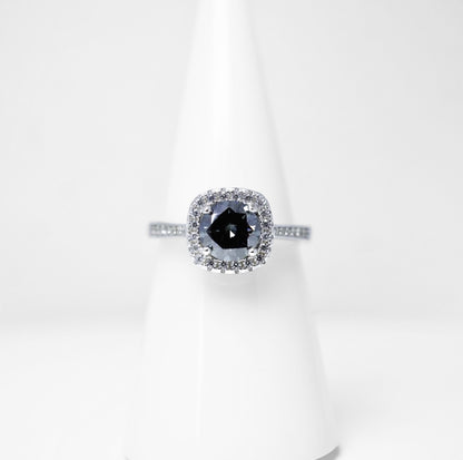 Gray Moissanite Round Cut Square Halo Ring