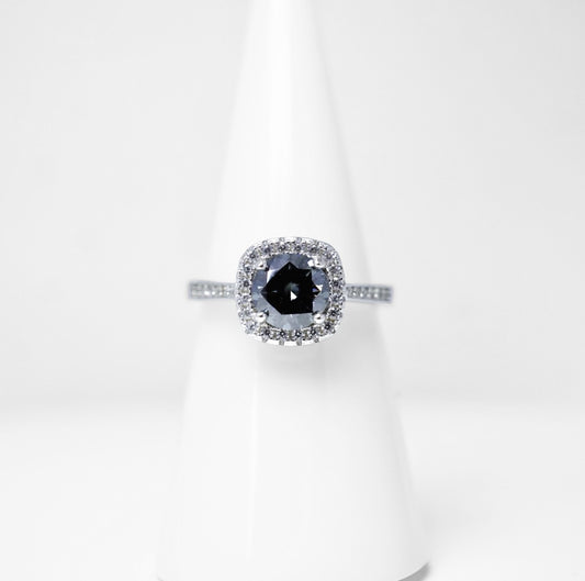Gray Moissanite Round Cut Square Halo Ring