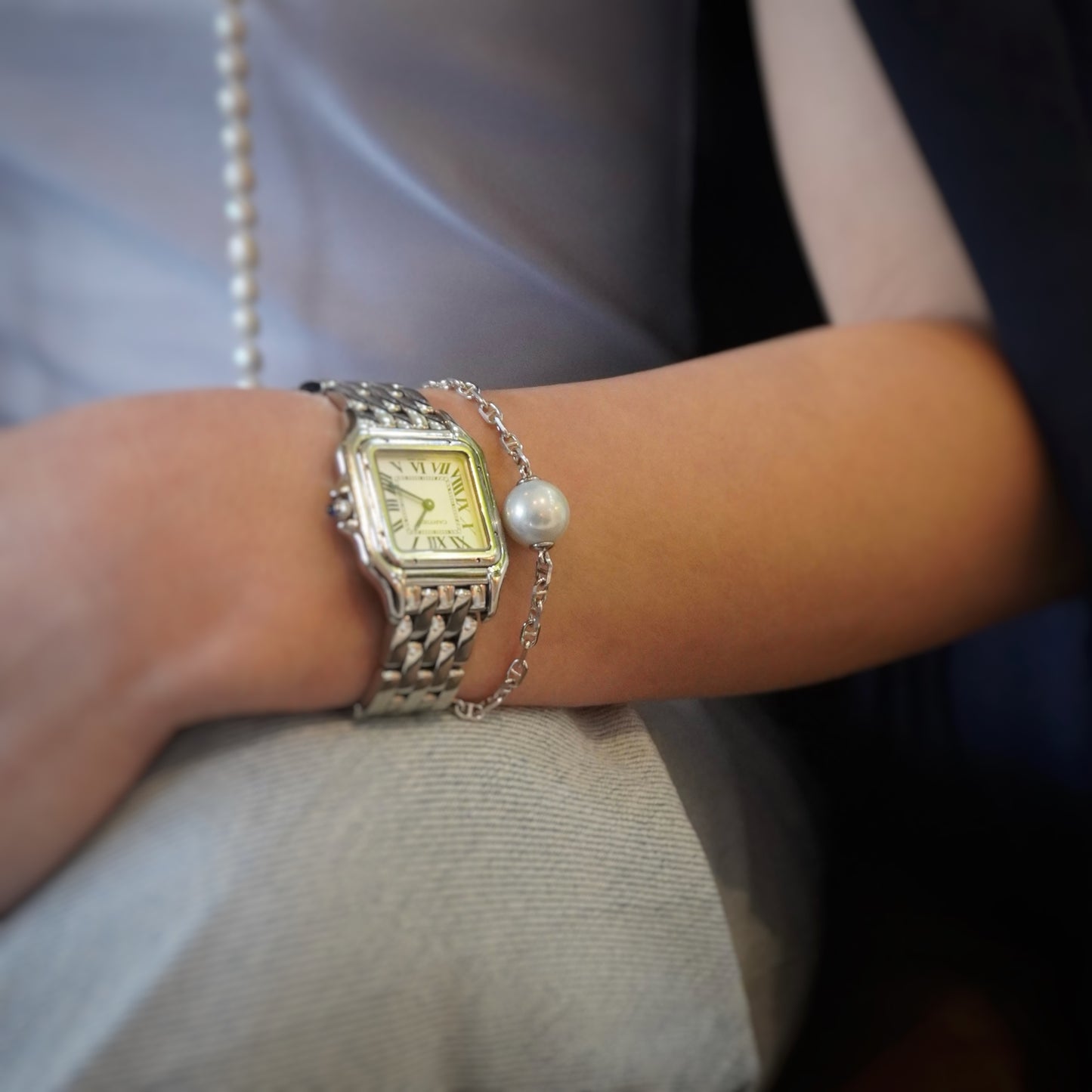 Blue Gray Pearl Chain Bracelet