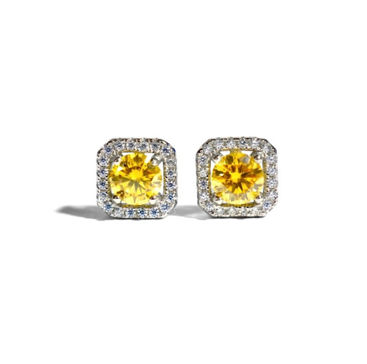 Yellow Moissanite Round Cut Square Halo Pierce