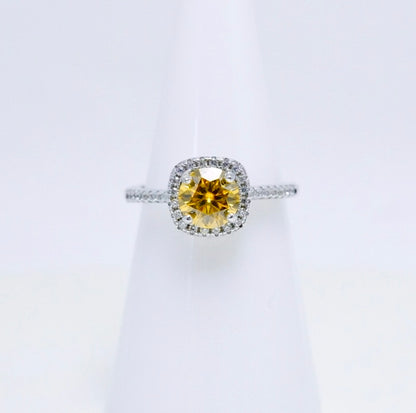 Yellow Moissanite Round Cut Square Halo Ring