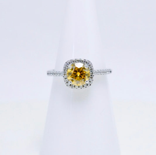 Yellow Moissanite Round Cut Square Halo Ring
