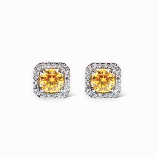 Yellow Moissanite Round Cut Square Halo Pierce