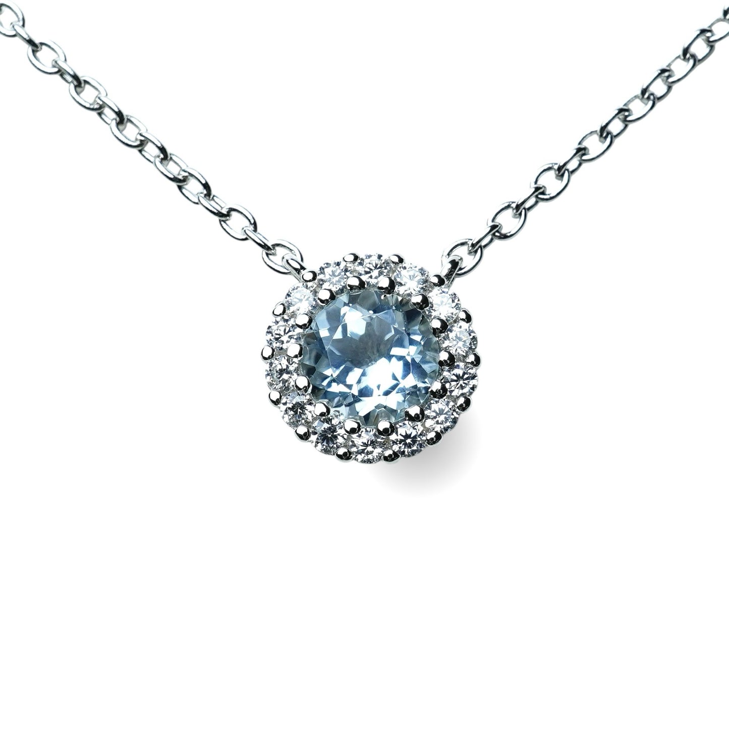 Aquamarine Round Brilliant Cut Halo Necklace