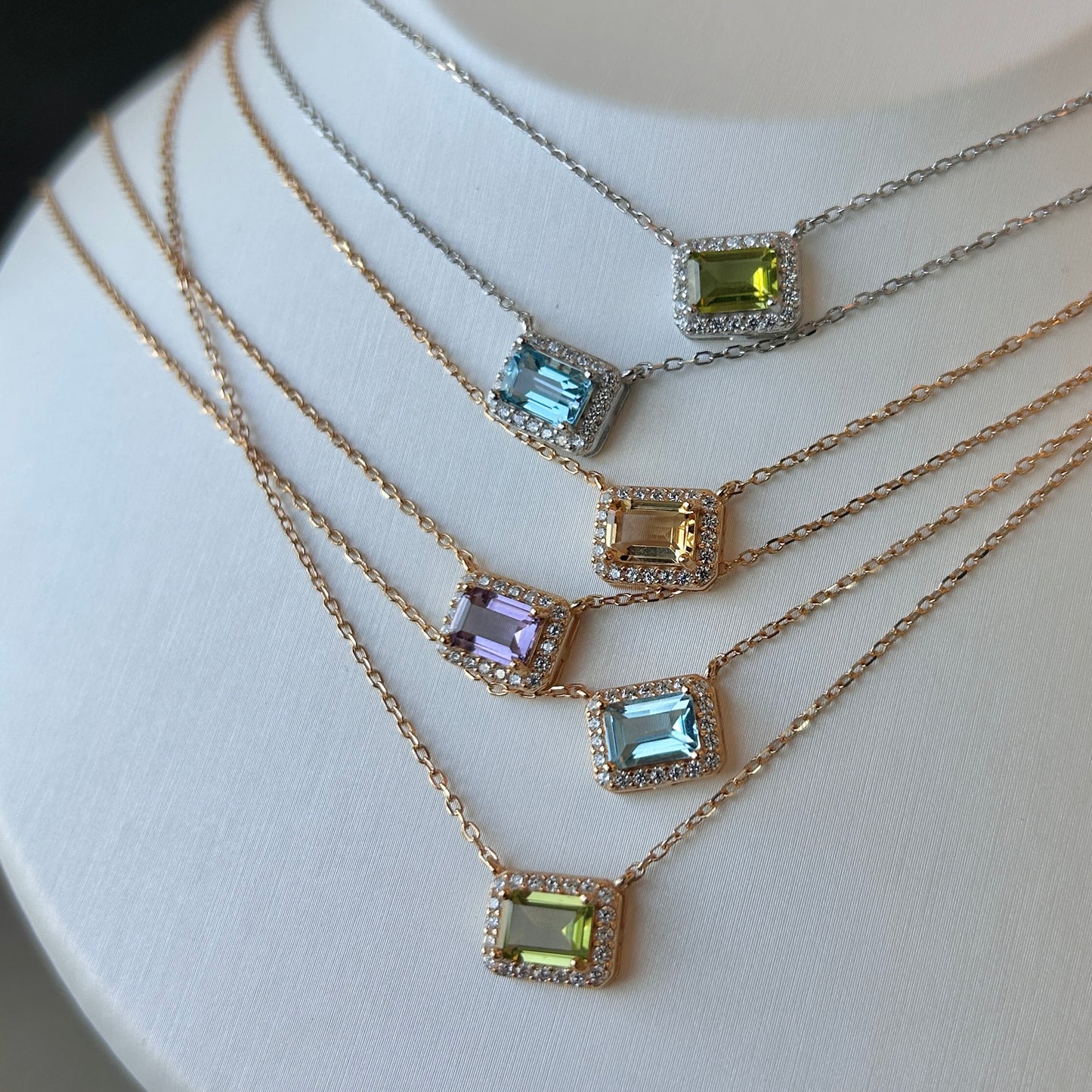 Octagon Emerald Cut Gemstone Halo Necklace