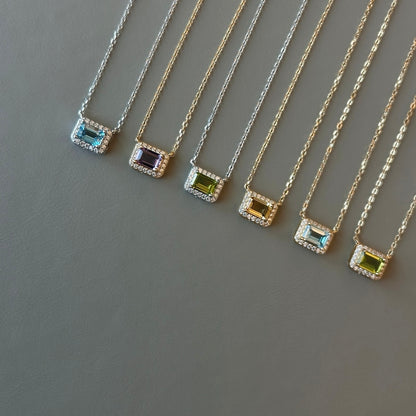 Octagon Emerald Cut Gemstone Halo Necklace