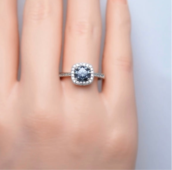 Gray Moissanite Round Cut Square Halo Ring