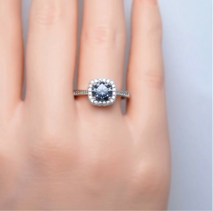 Gray Moissanite Round Cut Square Halo Ring