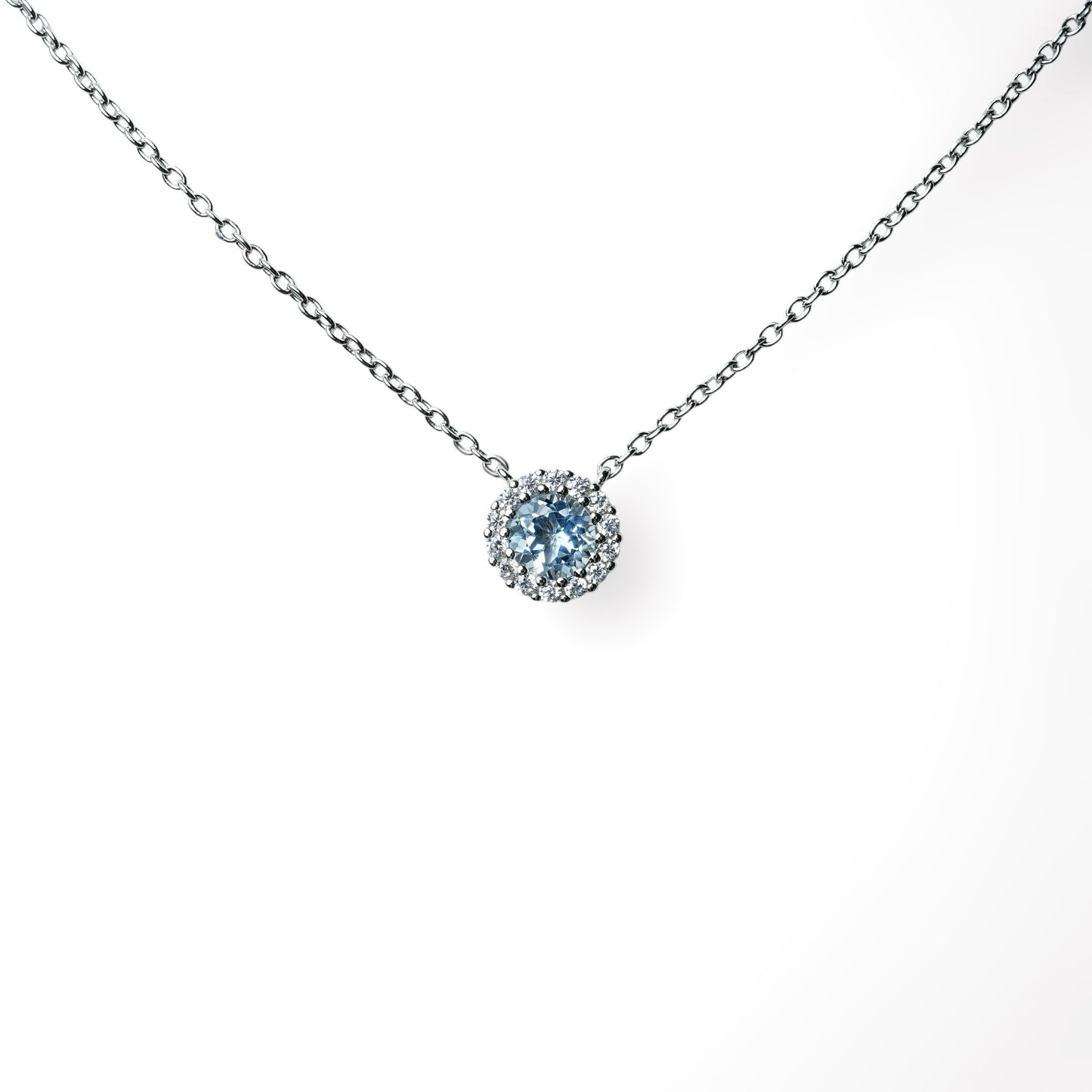 Aquamarine Round Brilliant Cut Halo Necklace