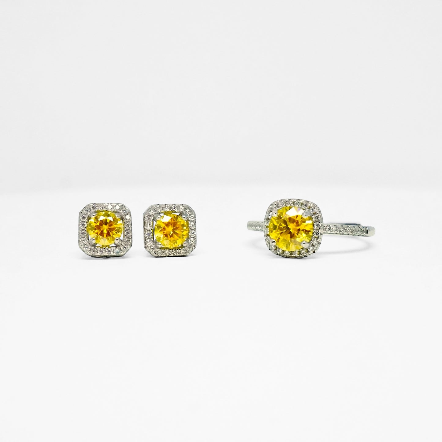 Yellow Moissanite Round Cut Square Halo Pierce