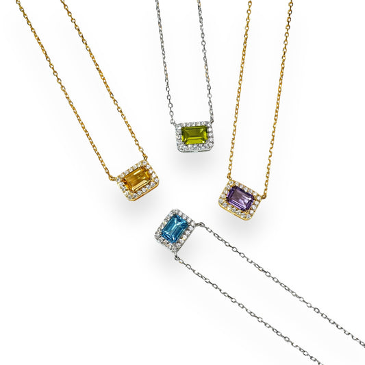 Octagon Emerald Cut Gemstone Halo Necklace